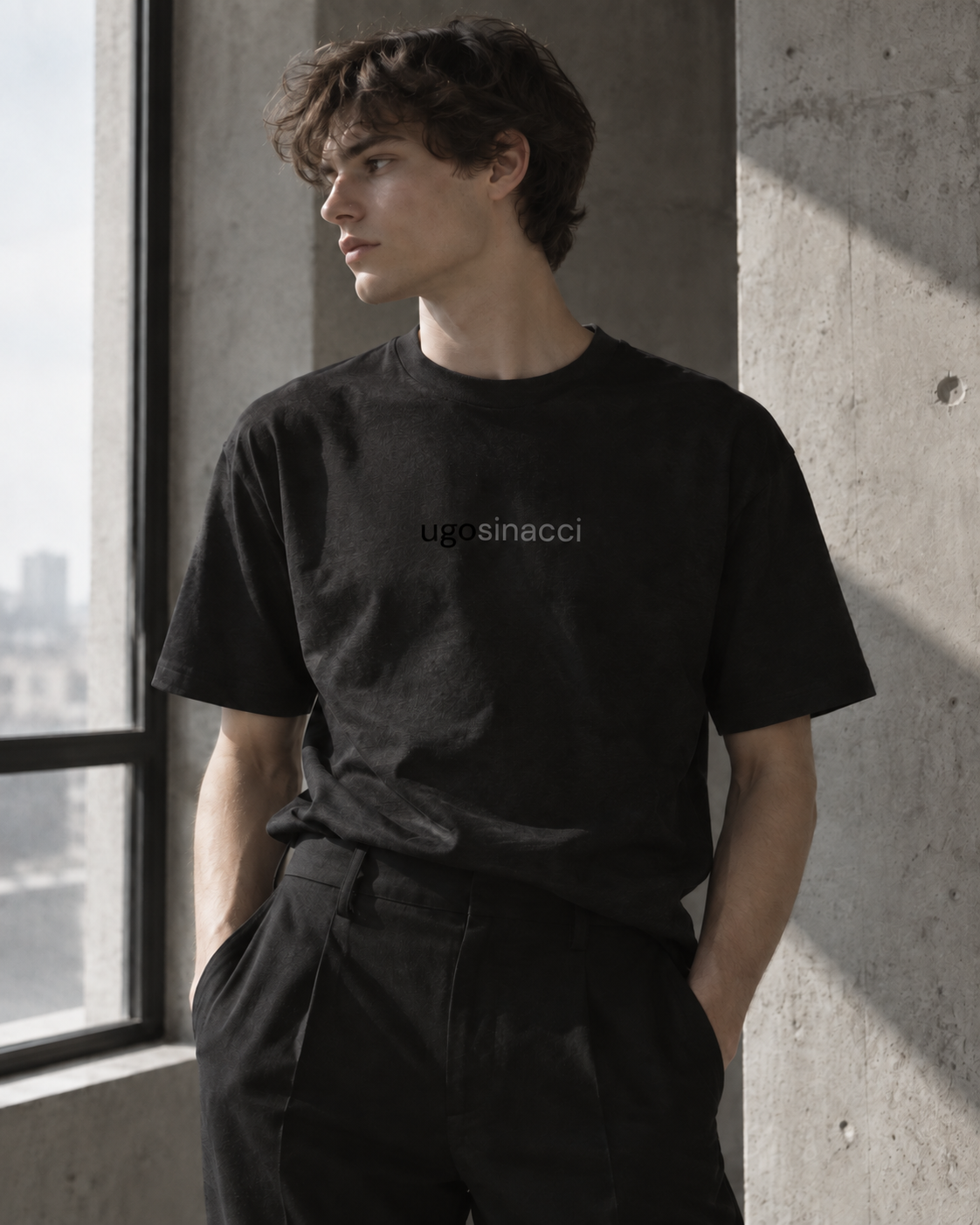 Window / black t-shirt with ugo sinacci logo